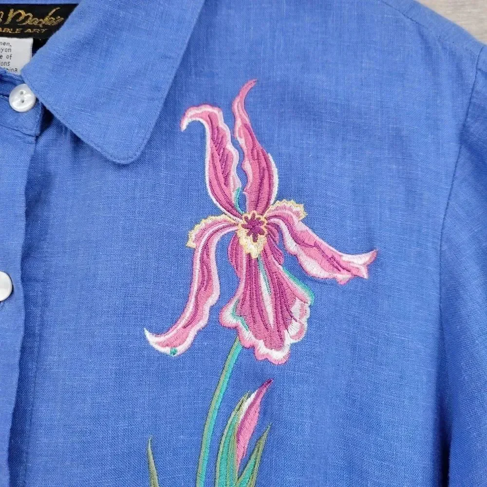 Bob Mackie Linen Blend Vintage Blue Embroidered Top and Matching Cropped Pants
